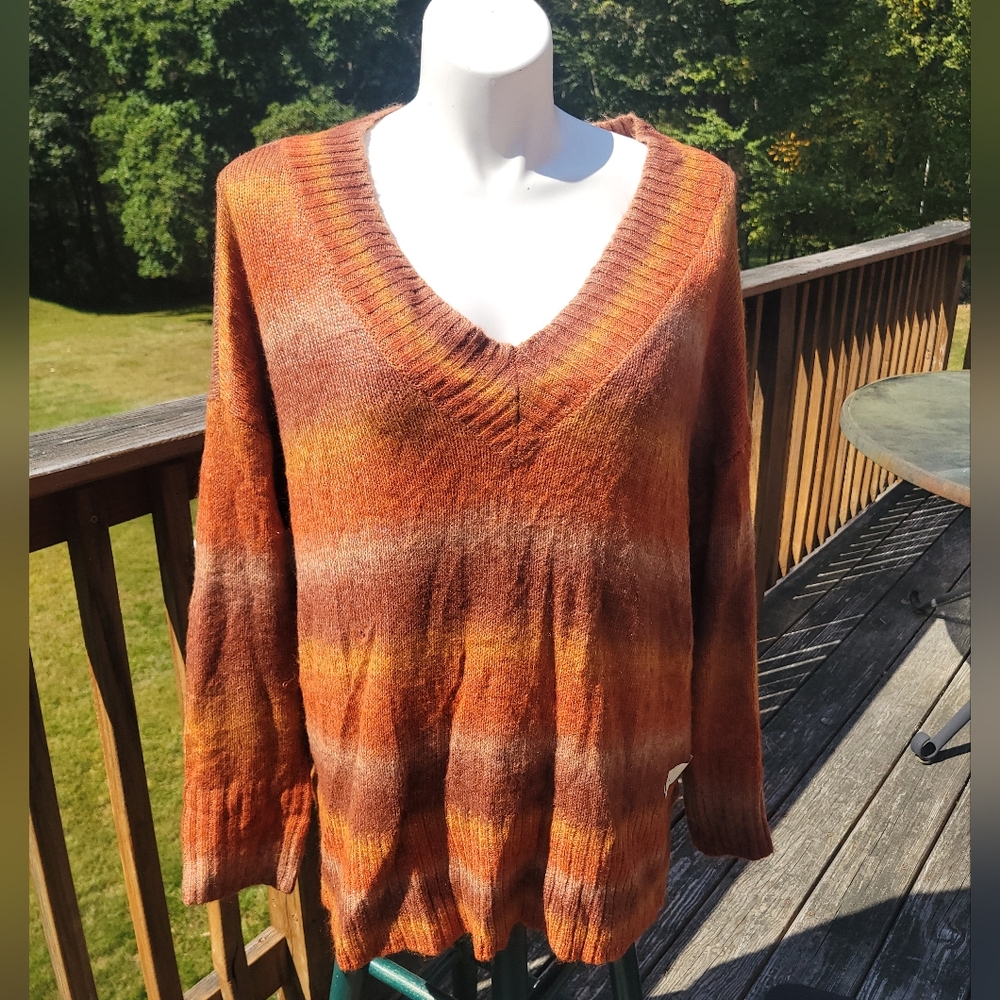 💰⏳️Ana Striped V-Neck Sweater in Orange and Brown With Side Slits NWT Size 2X